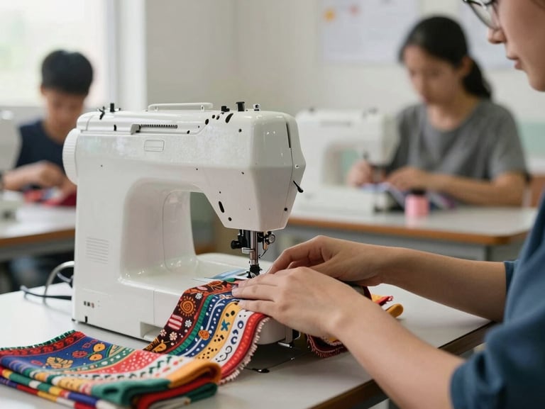 Medium shot of hands operating a modern sewing machine in a bright classroom, colorful local fabrics, focused student in the background under natural window light.