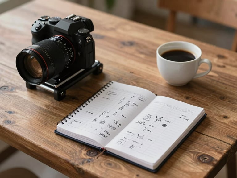 A rustic wooden table with a camera rig, a notebook with hand-sketched content calendars, and a single cup of black coffee in soft Scandinavian daylight.