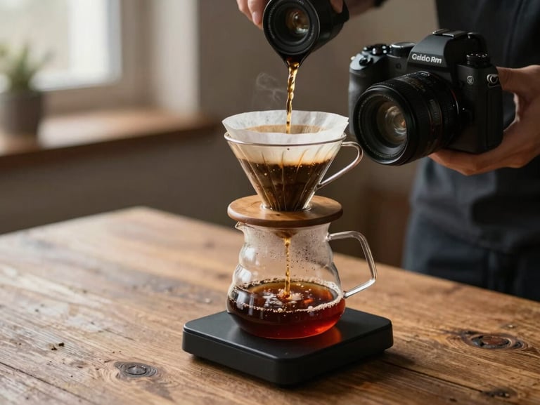 A high-end camera rig positioned over a rustic wooden table, capturing a pour-over coffee being slowly poured, soft Scandinavian morning light, shallow depth of field.
