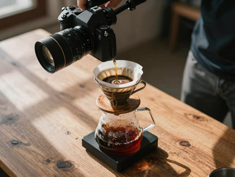 A high-angle shot of a camera rig capturing a pour-over coffee on a rustic wooden table, soft Scandinavian daylight casting long shadows.