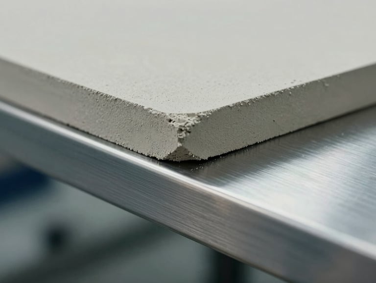 Macro photograph of cured matte micro-cement edge meeting a clean titanium steel profile, cool laboratory lighting.