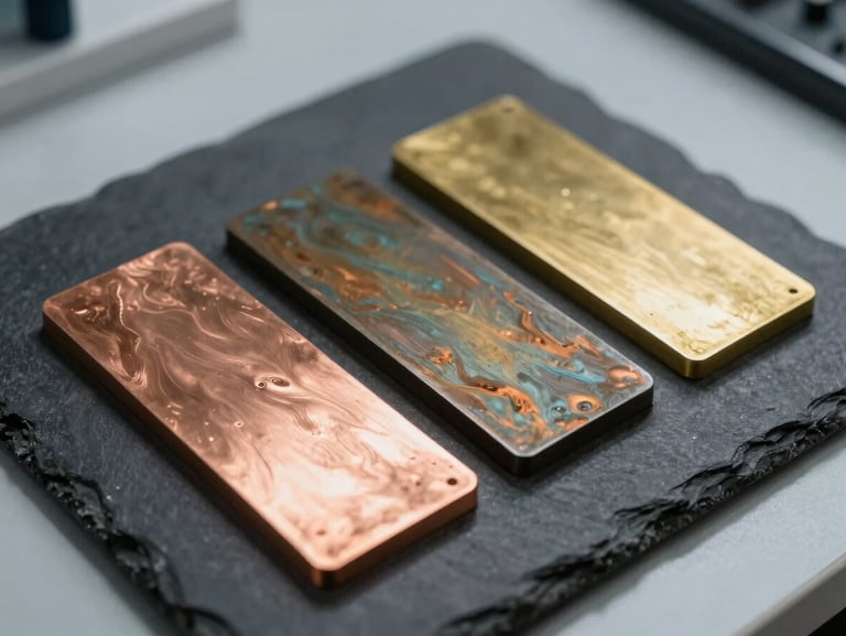 A close-up of three rectangular metal sample plates showing copper, bronze, and brass finishes, resting on a dark slate laboratory table under cool, directional overhead lighting.