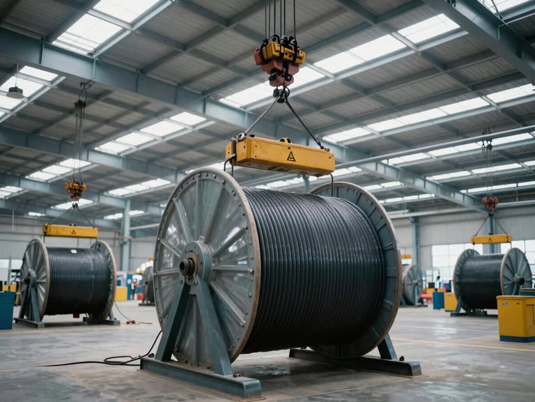 Wide environmental shot of a massive cable distribution yard in Gujarat, heavy crane lifting a large cable drum under daylight, sharp focus.