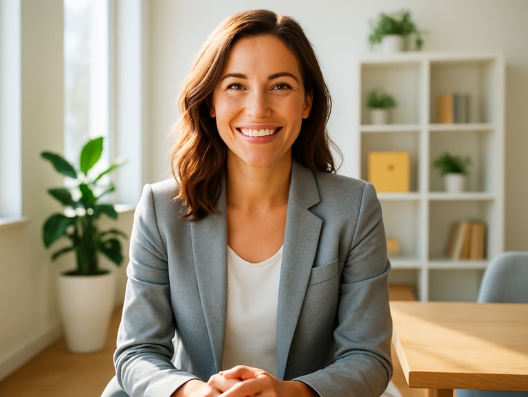 Professional environmental portrait of a smiling female therapist in a sunlit, modern office, warm daylight, 35mm lens