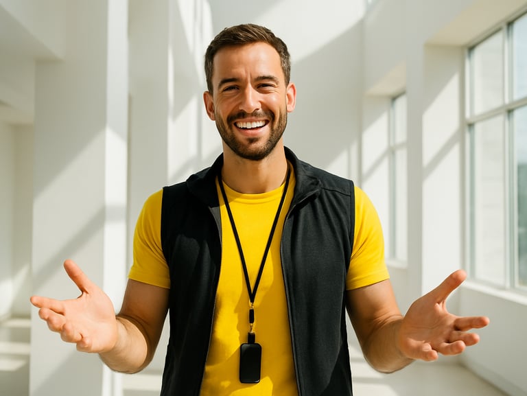 Environmental portrait of a male wellness coach gesturing warmly in a light-filled architectural space, sunny daylight