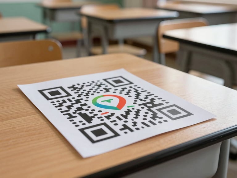 A colorful printed QR code treasure hunt card lying on a primary school wooden desk, bright classroom daylight