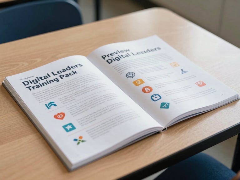 Preview of Digital Leaders training pack booklet with colorful icons, lying flat on a school table