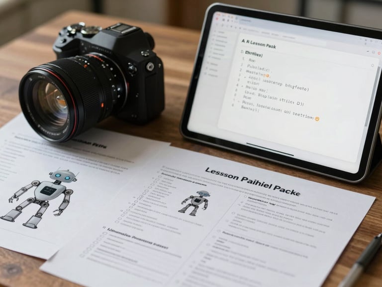AI lesson pack worksheets with robot graphics next to a tablet showing a simple coding interface