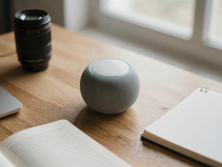 Overhead flat-lay of modern consumer electronics, a smart speaker, and a wellness journal on a clean oak desk, soft natural window light, muted realistic tones, shallow depth of field, 35mm lens