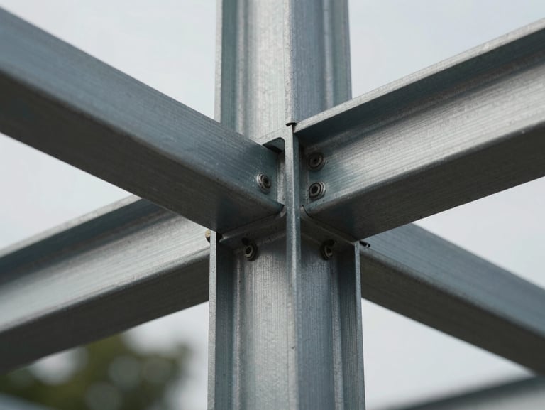 Extreme macro crop of brushed metal structural framing, high-contrast overcast daylight.