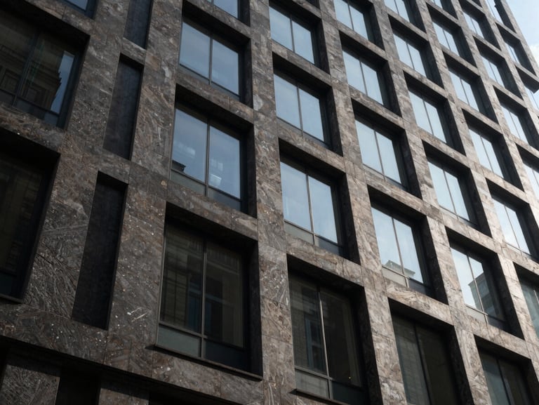 Low-angle architectural perspective of a modern dark stone and glass office building facade, sharp geometric shadows.