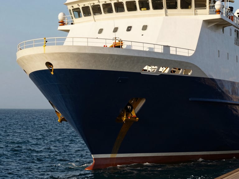 High-tech maritime vessel hull close-up in crisp coastal daylight, deep navy water, sharp architectural focus.
