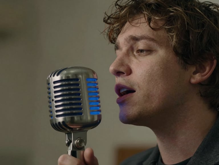Moody close-up of an artist singing into a vintage tube microphone, electric blue rim lighting, soft background blur