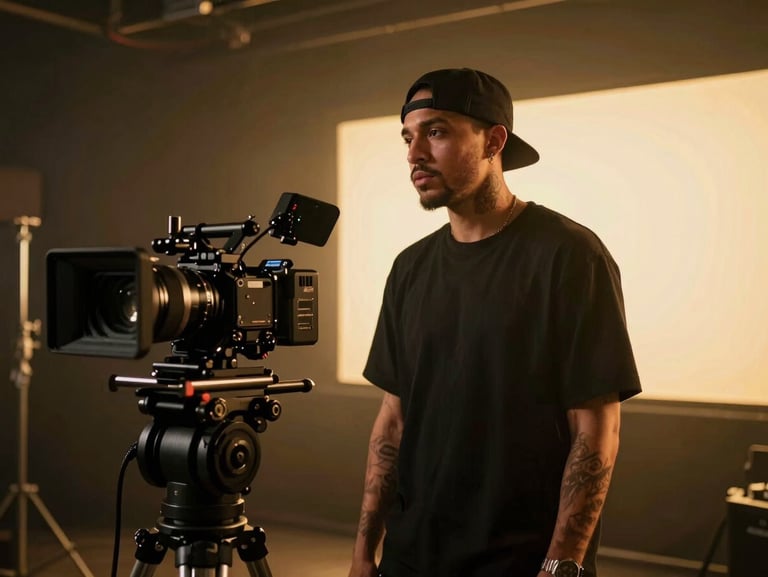 Cinematic wide anamorphic still of a rapper performing under moody gold LED lighting in a dark studio, high-end camera rig visible in foreground