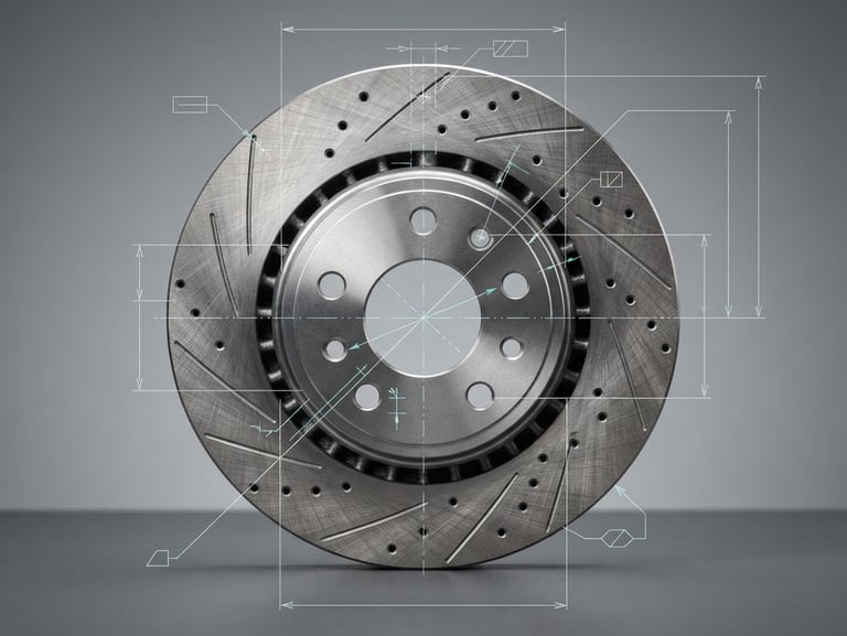 Crisp macro studio photography of a metallic brake rotor with precise caliper measurements, technical blueprint lines overlaid, sharp focus, 50mm lens.