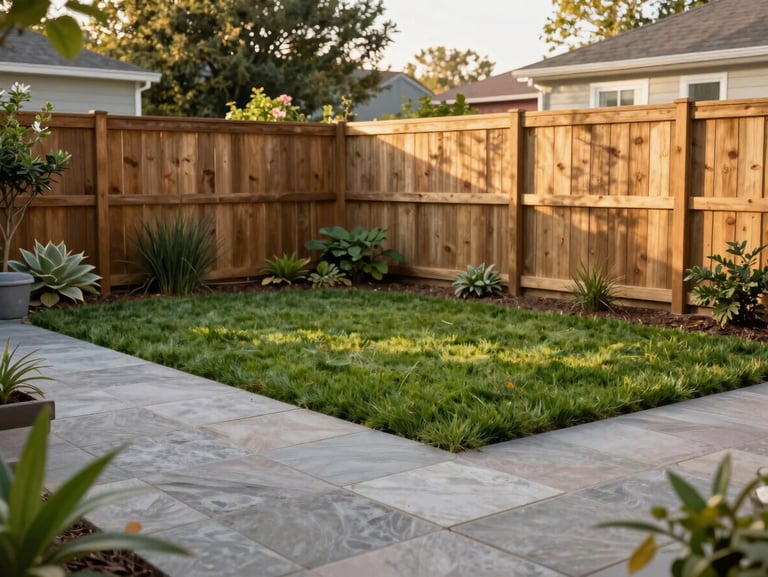 The same backyard garden completely transformed, with a clean new stone patio, lush green lawn, and neat wooden fence, warm sunlight.