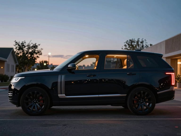 Cinematic shot of a modern black luxury SUV with warm interior lighting, parked on a quiet Boise street at dusk, 35mm