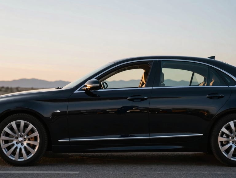 Side profile of a polished black executive sedan parked under soft morning light in Boise, clean lines, shallow depth of field, 35mm