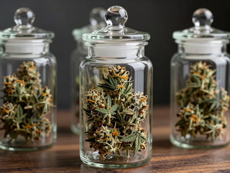 Close-up of elegant glass apothecary jars filled with clean, well-trimmed cannabis flower sitting on dark wooden shelves.