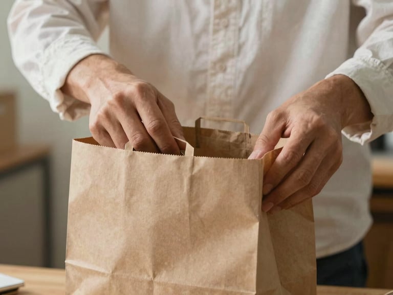 Hands in clean linen sleeves carefully packaging a delivery order into a discreet, unmarked premium paper bag under soft natural light.