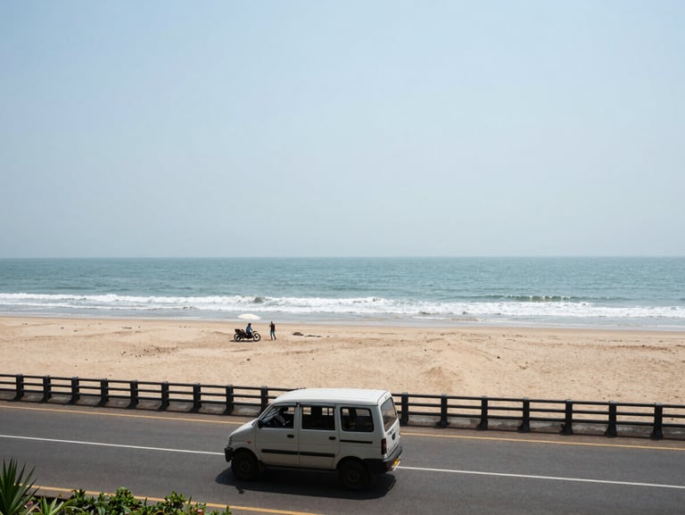 Wide panoramic view of Puri beach coastline in Odisha at midday, a road vehicle on the coastal highway in the foreground, documentary framing with natural overhead light