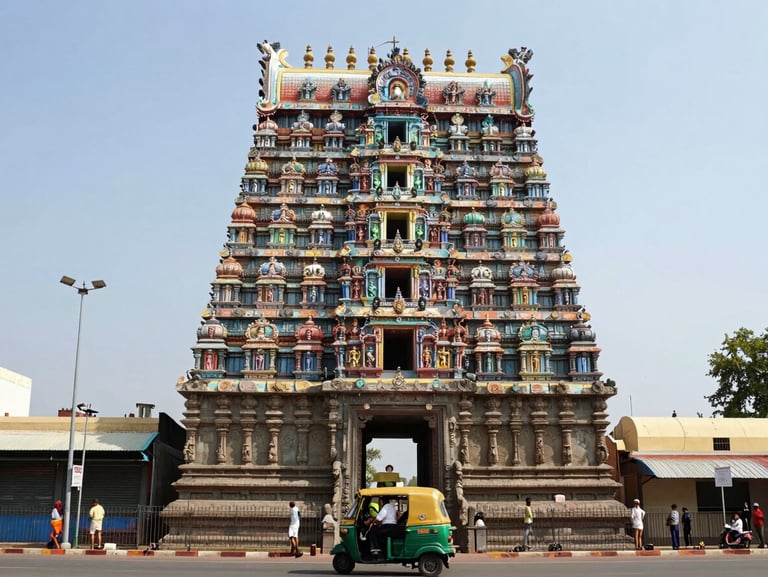 Wide view of Meenakshi Amman Temple gopuram in Madurai at midday, a local auto-rickshaw visible on the street below, documentary natural light, operational travel framing