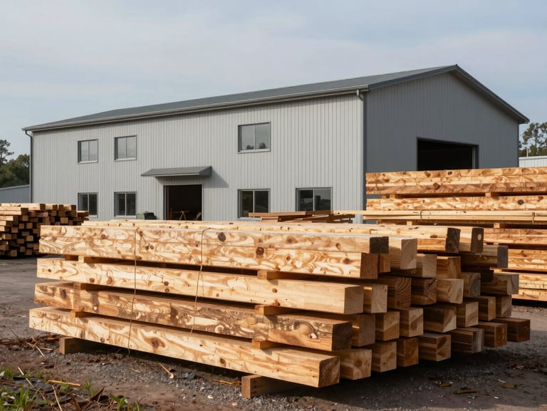 A detailed environmental shot of a modern timber mill yard in the Upper Midwest, stacked clean lumber in the foreground, soft natural daylight, no people.