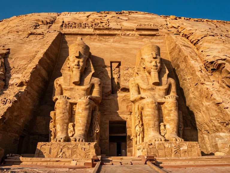 Temple of Abu Simbel at golden hour, massive stone statues of Ramesses II carved into the mountainside, warm sunlight, dramatic shadows.