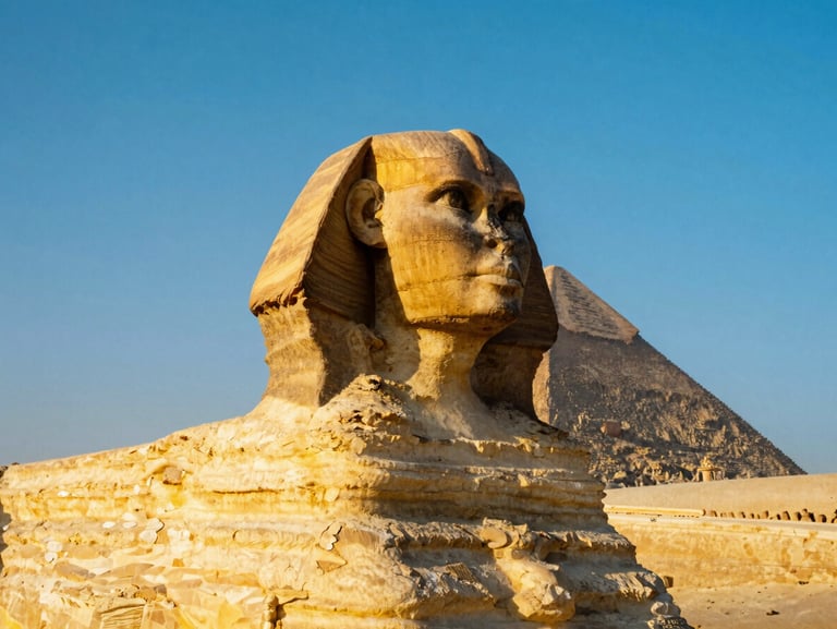 The Sphinx of Giza at sunrise, golden light illuminating the ancient stone face, clear blue sky, cinematic travel photography.