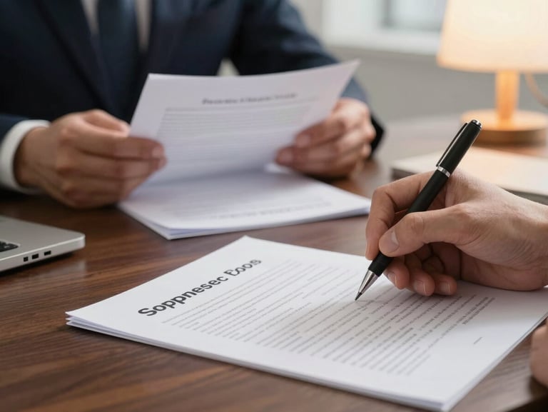 Close detail of hands annotating a corporate document at a wide desk, a second lawyer visible in soft focus in the background reviewing papers, warm lamp light over a dark wood surface