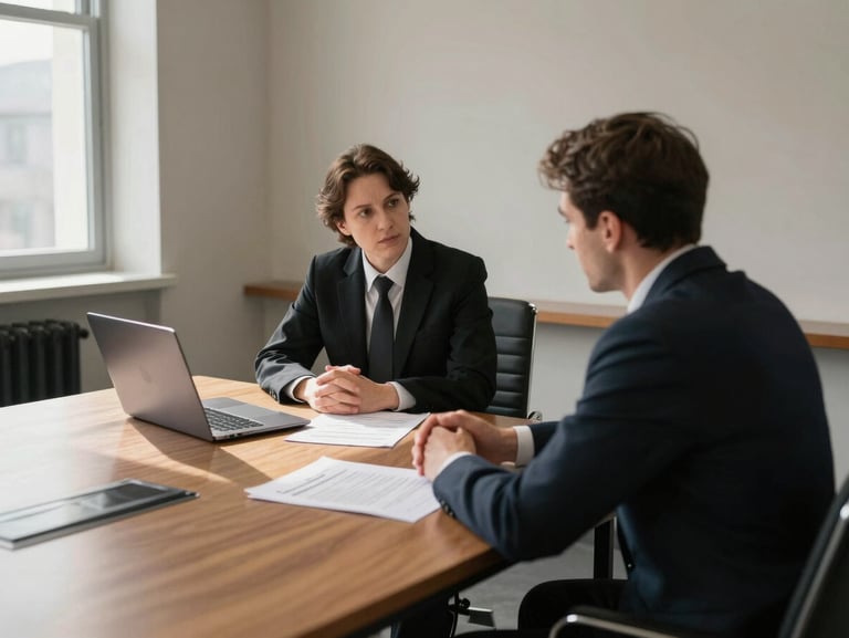 Wide shot of a quiet meeting room with a lawyer and client seated across a table, a laptop and printed bank statements spread between them, natural window light falling at an angle, atmosphere of focused deliberation