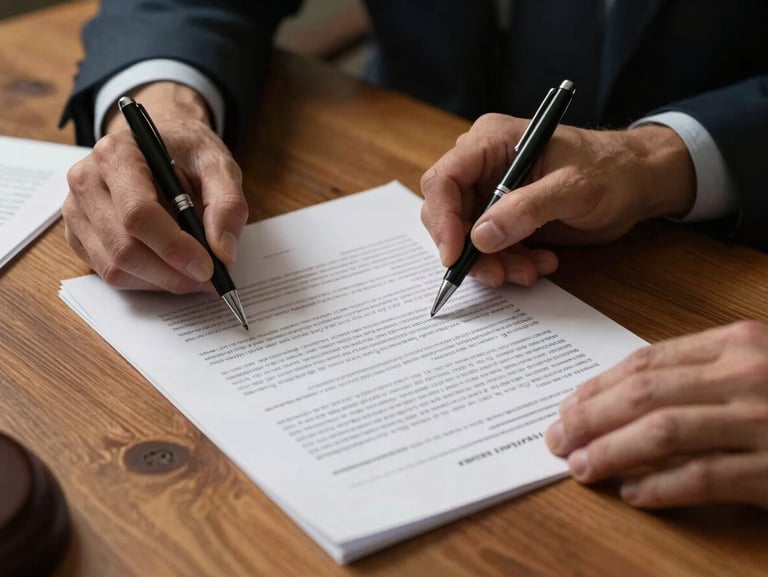 Close-up of two hands reviewing a dense legal contract on a wooden desk under warm directional lamp light, pen resting beside the document, a second document partially visible at the edge of the frame