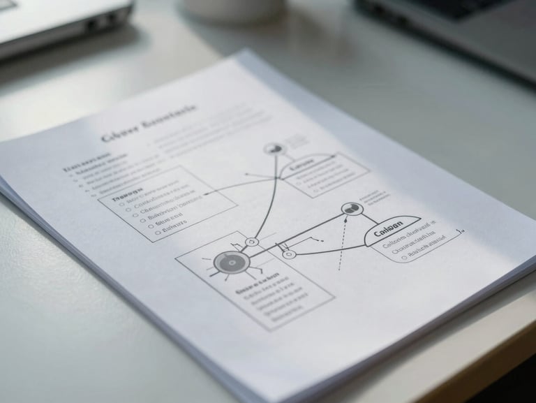 Close-up of structured research papers and capability diagrams on a clean slate table, cool daylight, high contrast.