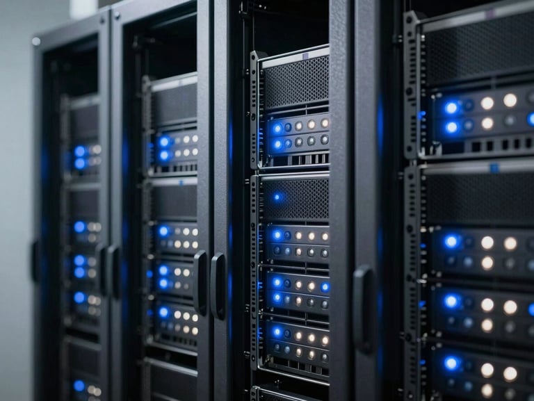 Macro shot of physical server rack cabinet with blue and white status lights, cool-toned, high-contrast studio lighting, structured architectural framing.