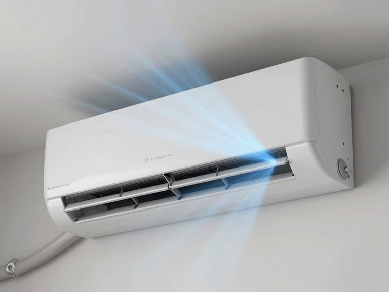 A clean modern split air conditioner unit mounted on a light wall, blowing crisp cool air with visible subtle air currents, cool blue lighting, high technical precision.