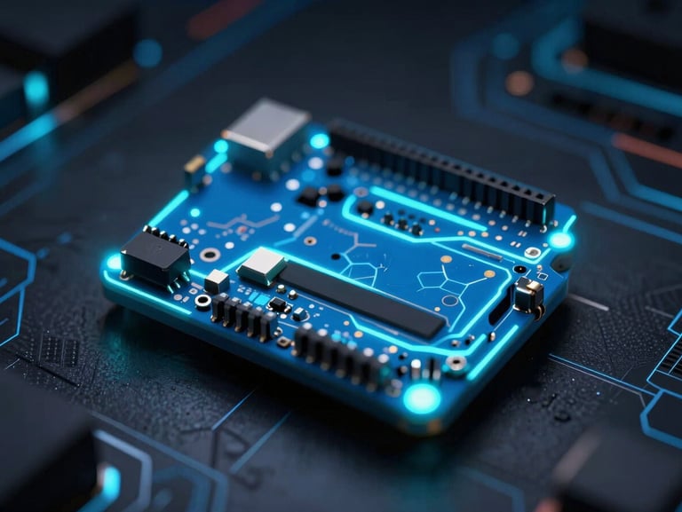 Macro shot of a glowing blue Arduino microcontroller board on a dark cybernetic background, neon cyan rim lighting, high-contrast depth of field
