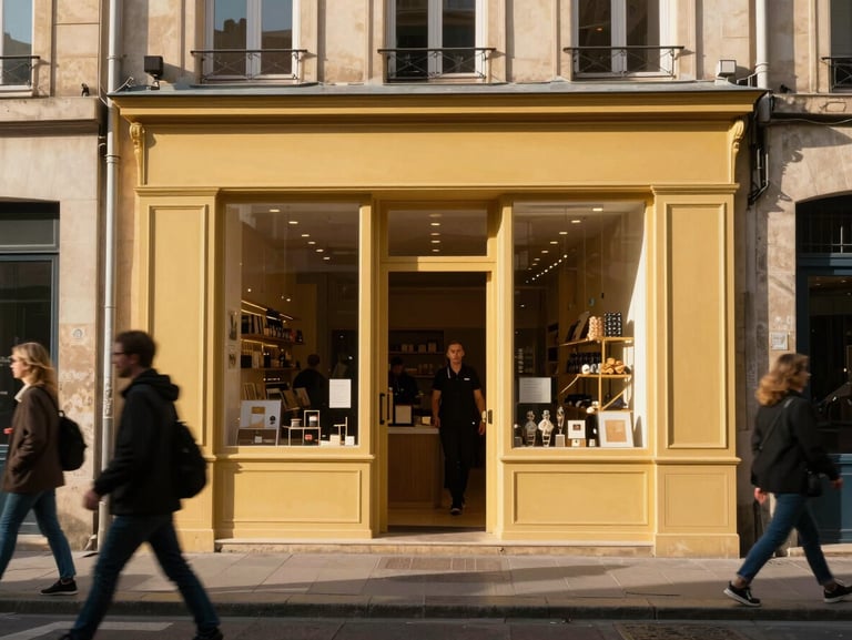 Wide shot of a storefront exterior on a sunny French street, shopkeeper visible in the doorway, golden-hour light on the facade, a few passersby out of focus in the foreground