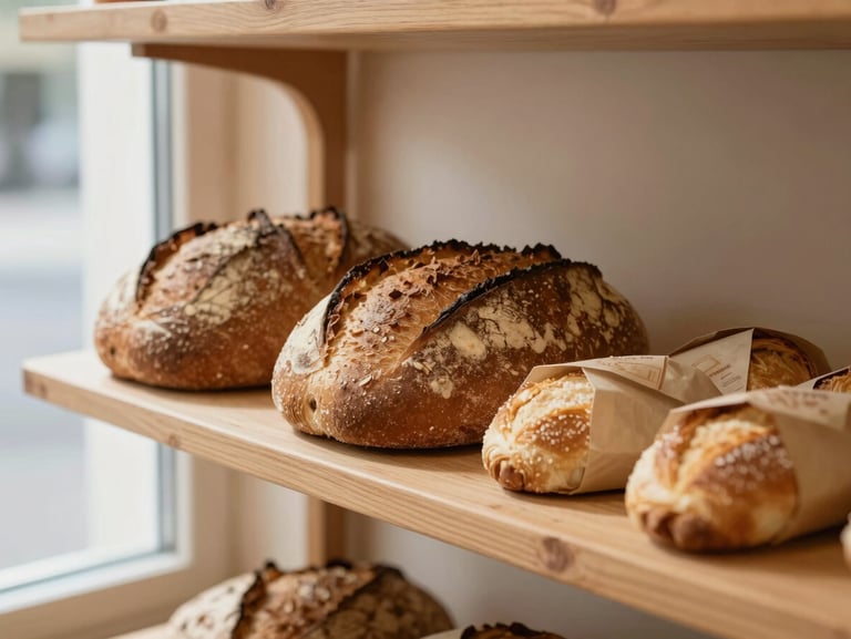Eye-level close-up of a wooden bakery shelf inside a small warm shop: three artisan bread loaves and two paper-wrapped pastries arranged neatly, soft morning daylight through a nearby window, muted cream and brown tones, no text or signage