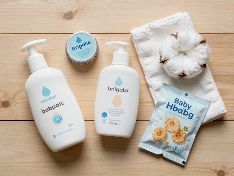 Overhead flat-lay on a light wood surface: baby lotion, a small tin of nipple cream, cotton muslin swaddle cloth, and a packet of organic baby snacks arranged with care, soft diffused daylight, warm neutral tones, no hands or faces
