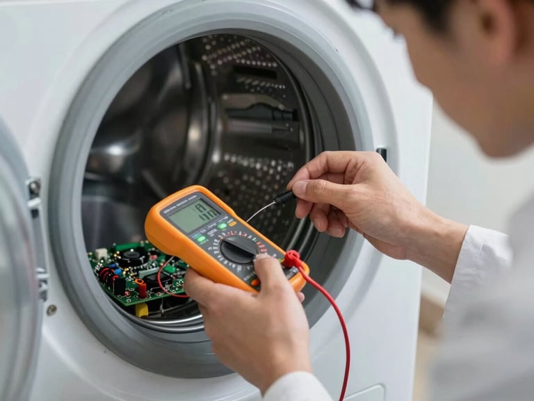 Close-up of a technician using a digital multimeter to test a circuit board inside a modern washing machine, sharp workshop lighting, focused hands, professional diagnostics