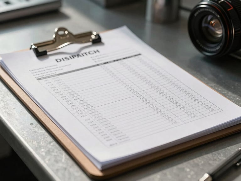 Close-up of physical dispatch rate sheets and logbooks on a metal clipboard, industrial desk setting, low-angle morning light.