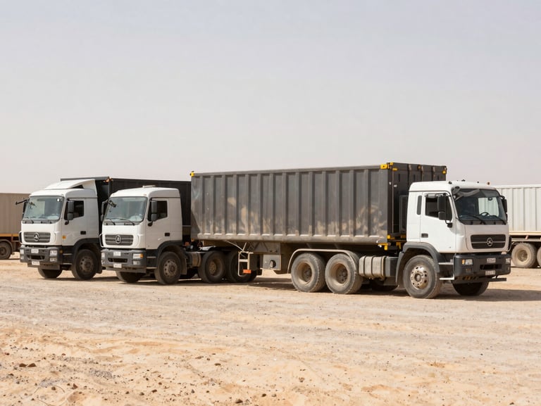 Wide environmental shot of heavy transport trucks parked at a dusty desert logistics depot under harsh daylight, steel and sand tones, high contrast.