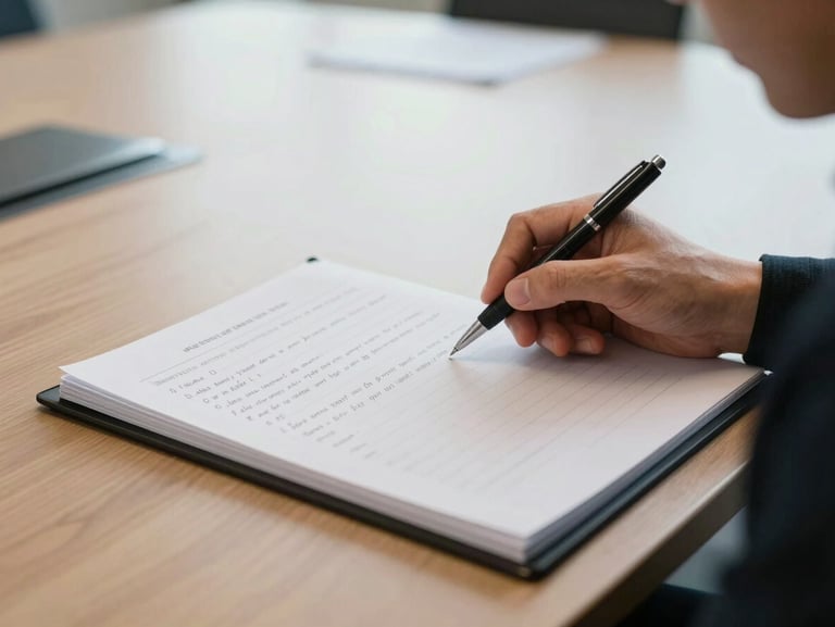 Close-up of a practitioner's open case file on a conference room table, handwritten margin notes visible, a pen resting across the page, natural office daylight, documentary realism, no people visible