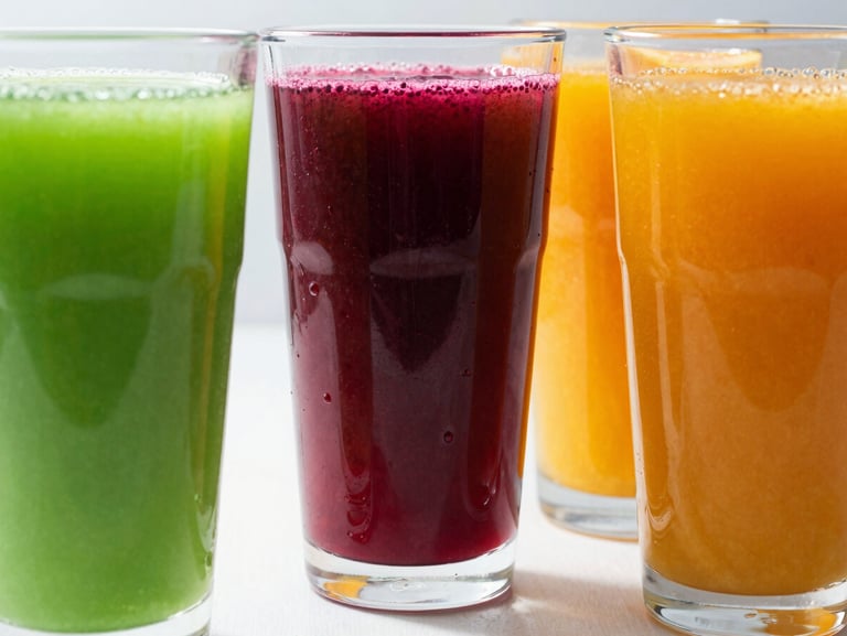 Three tall glasses of brightly colored cold-pressed juices—electric green, deep beet red, and vibrant orange—catching the sunlight on a clean surface.