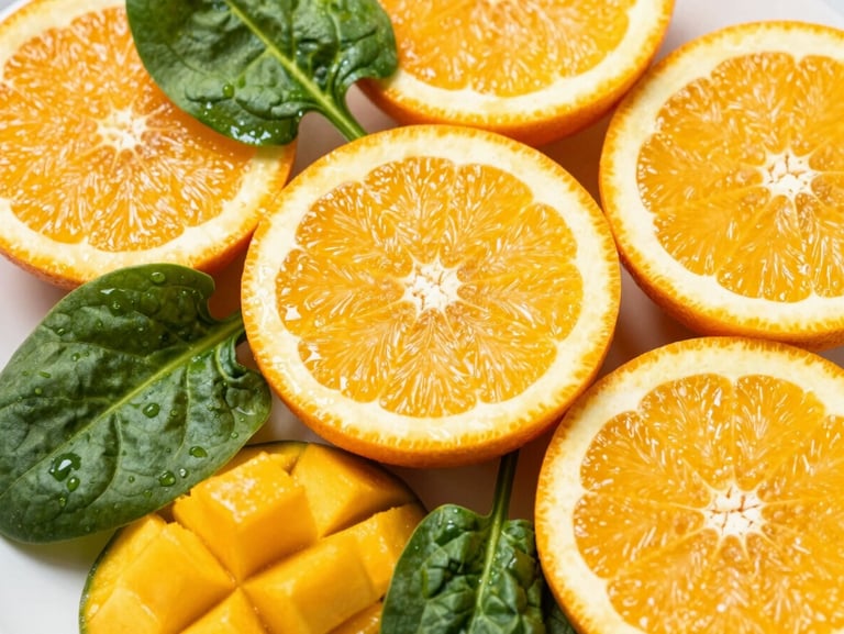 Vibrant macro shot of sliced oranges, bright green spinach, and frozen mango chunks ready to be blended, illuminated by high-key natural light.