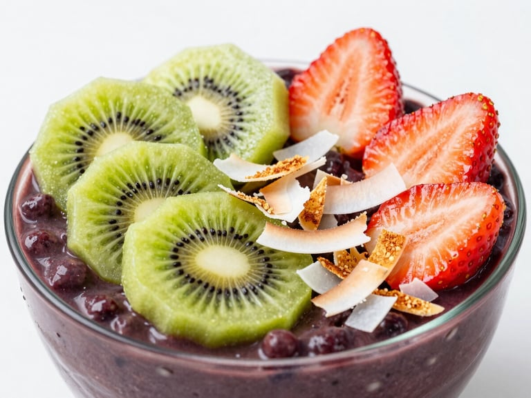 Close-up of a thick purple acai bowl topped with geometric slices of fresh kiwi, strawberries, and toasted coconut flakes in bright studio lighting.