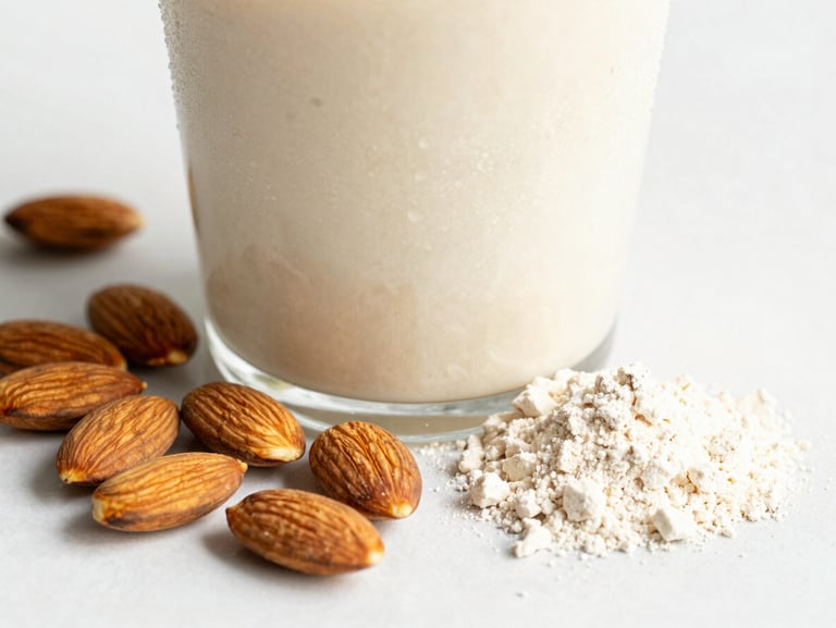 Macro shot of a condensation-beaded protein smoothie cup surrounded by raw almonds and whey powder on a bright white counter under crisp sunlight.