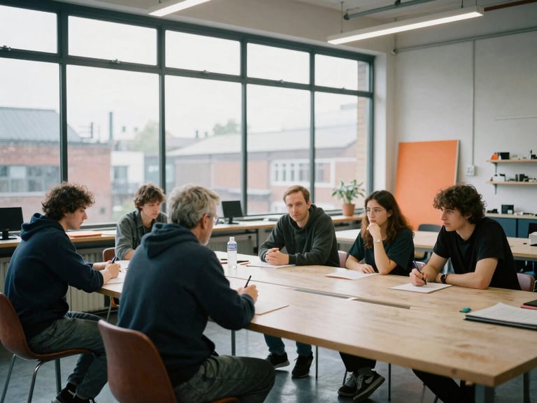 Candid medium shot of a collaborative workshop in an industrial Salford studio space, natural overcast daylight, 35mm film grain.