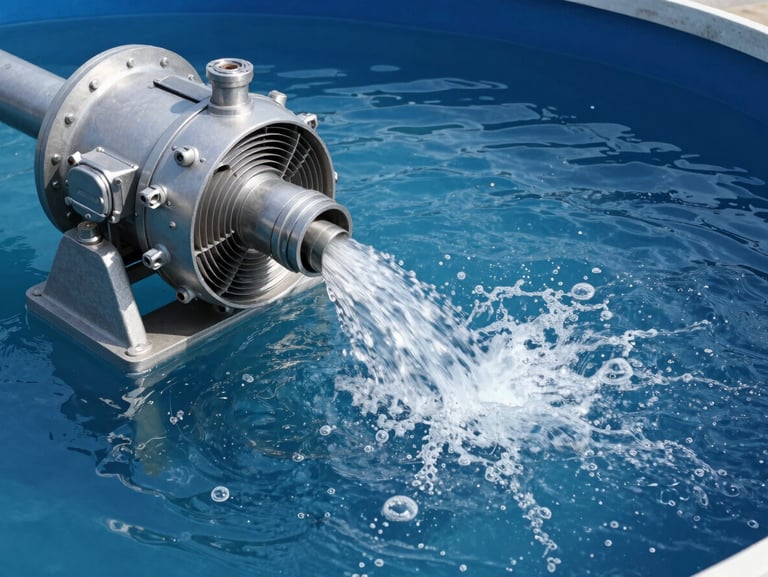 Industrial pressure blower aerating a clean wastewater treatment tank, bright daylight, water bubbles visible