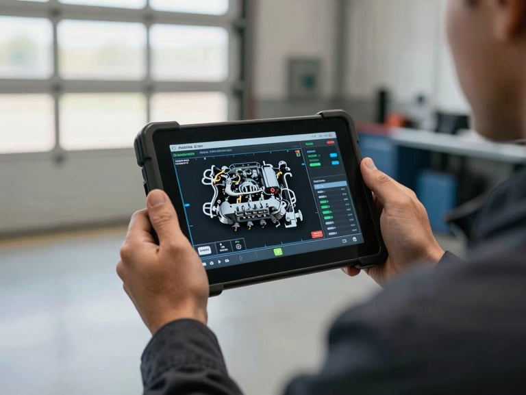 A close-up of a mechanic's hands holding a diagnostic tablet showing live engine data in a clean service bay, natural light coming from the garage door